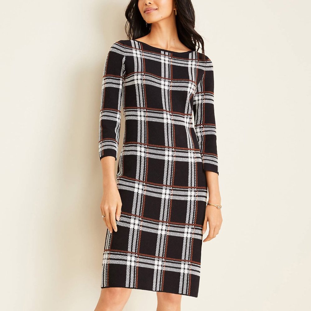Ann Taylor Black Plaid Long Sleeve Boatneck Sheath Dress